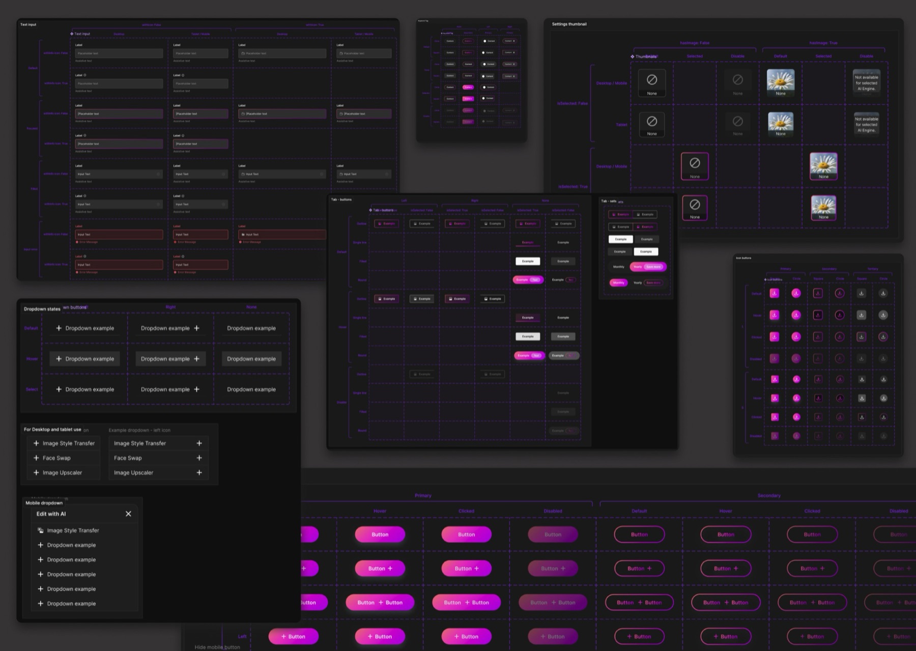 Blieve.ai design system overview: inputs, tabs, dropdowns, buttons, icon buttons, settings thumbnails