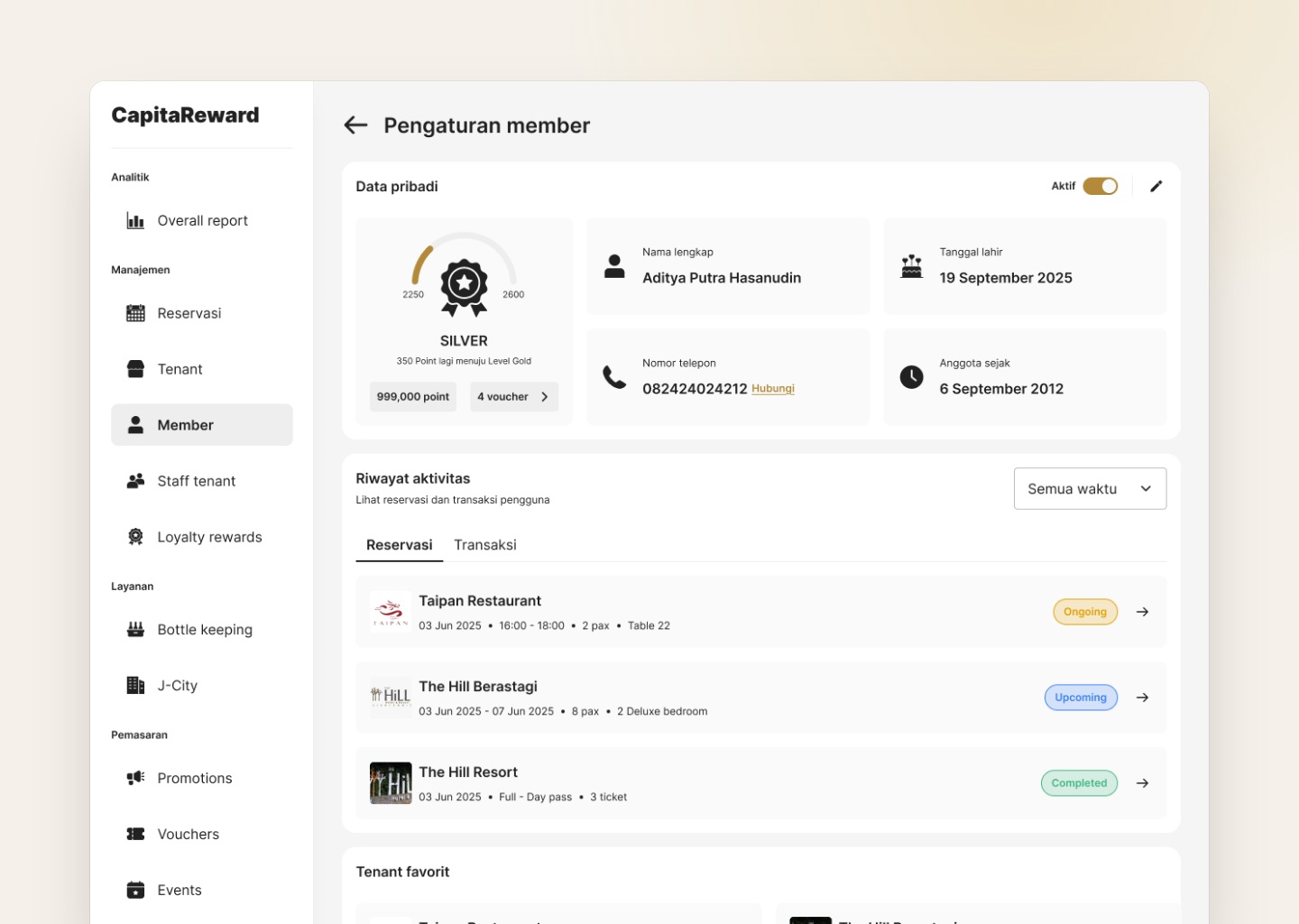 Member details and activity
