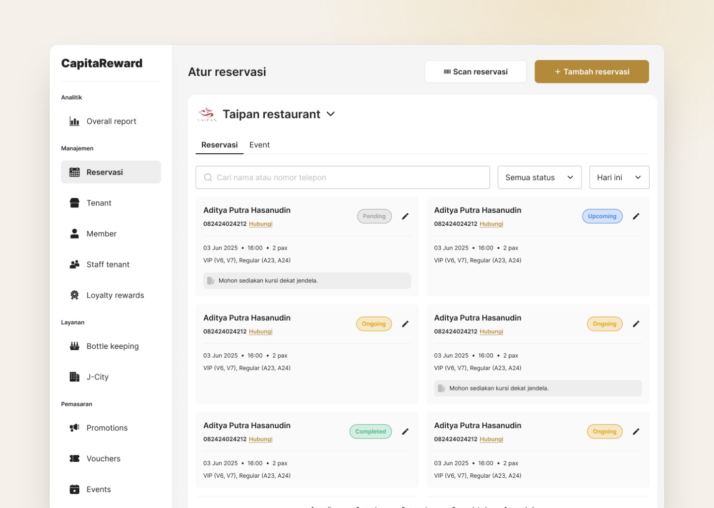 Restaurant reservations in the dashboard