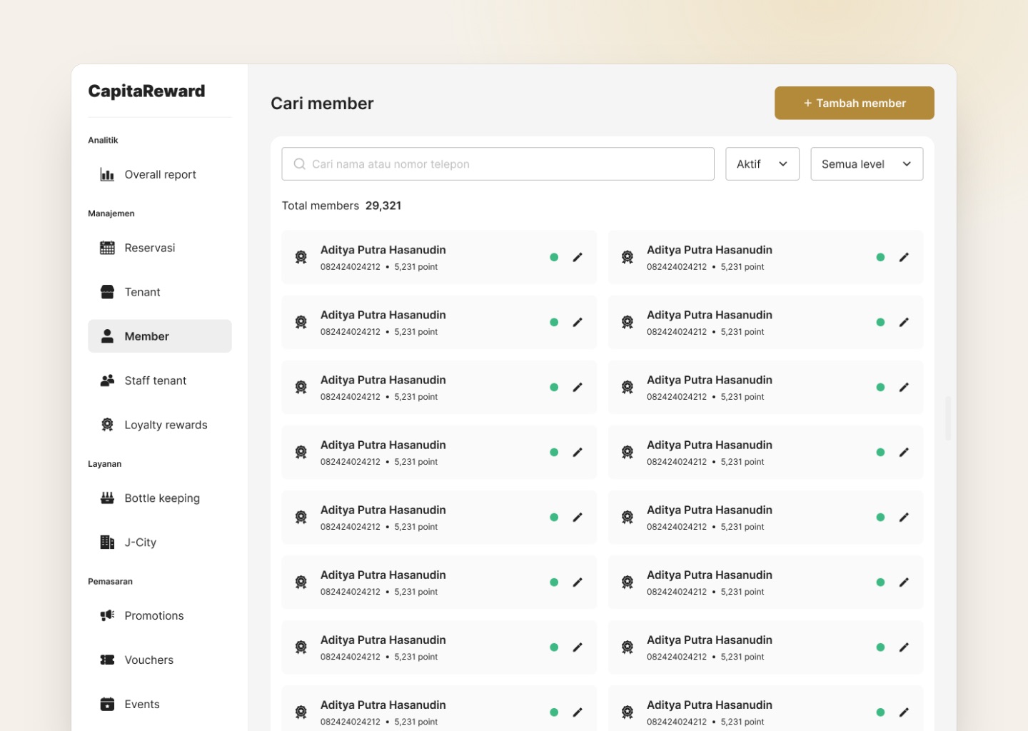 Member list with search and filters