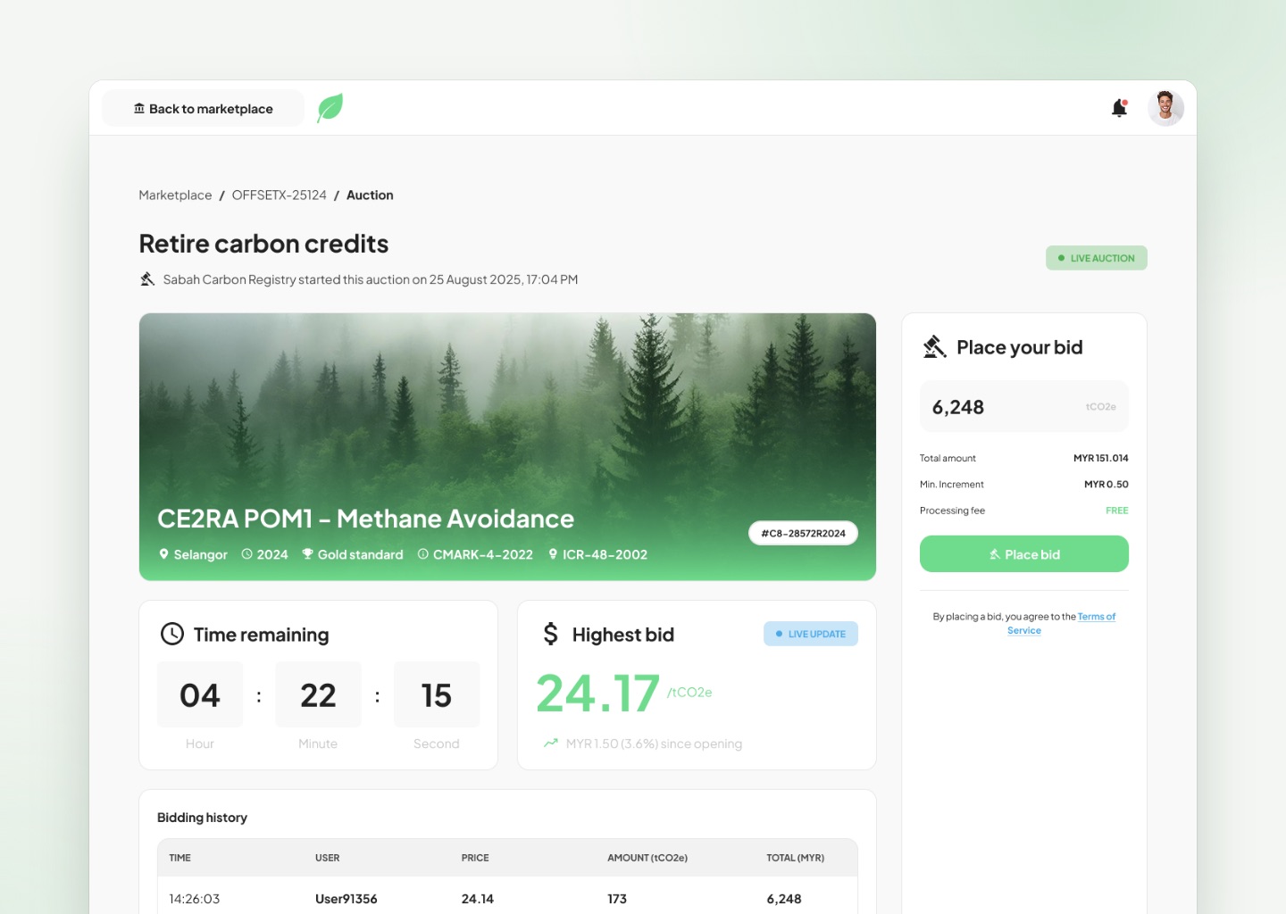 Live auction with countdown, highest bid and bidding history