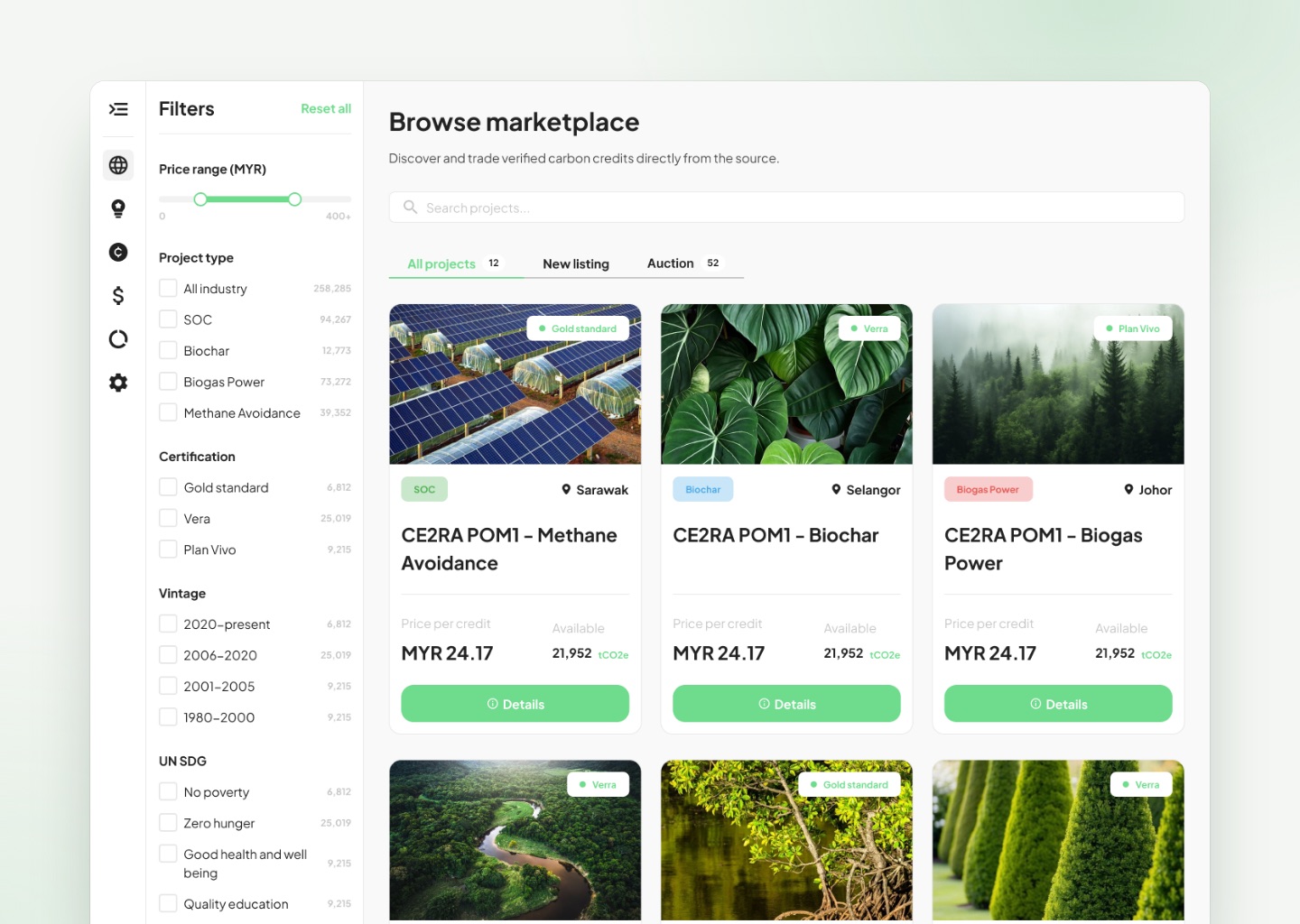 Browse marketplace: filters on the left, project cards with photos