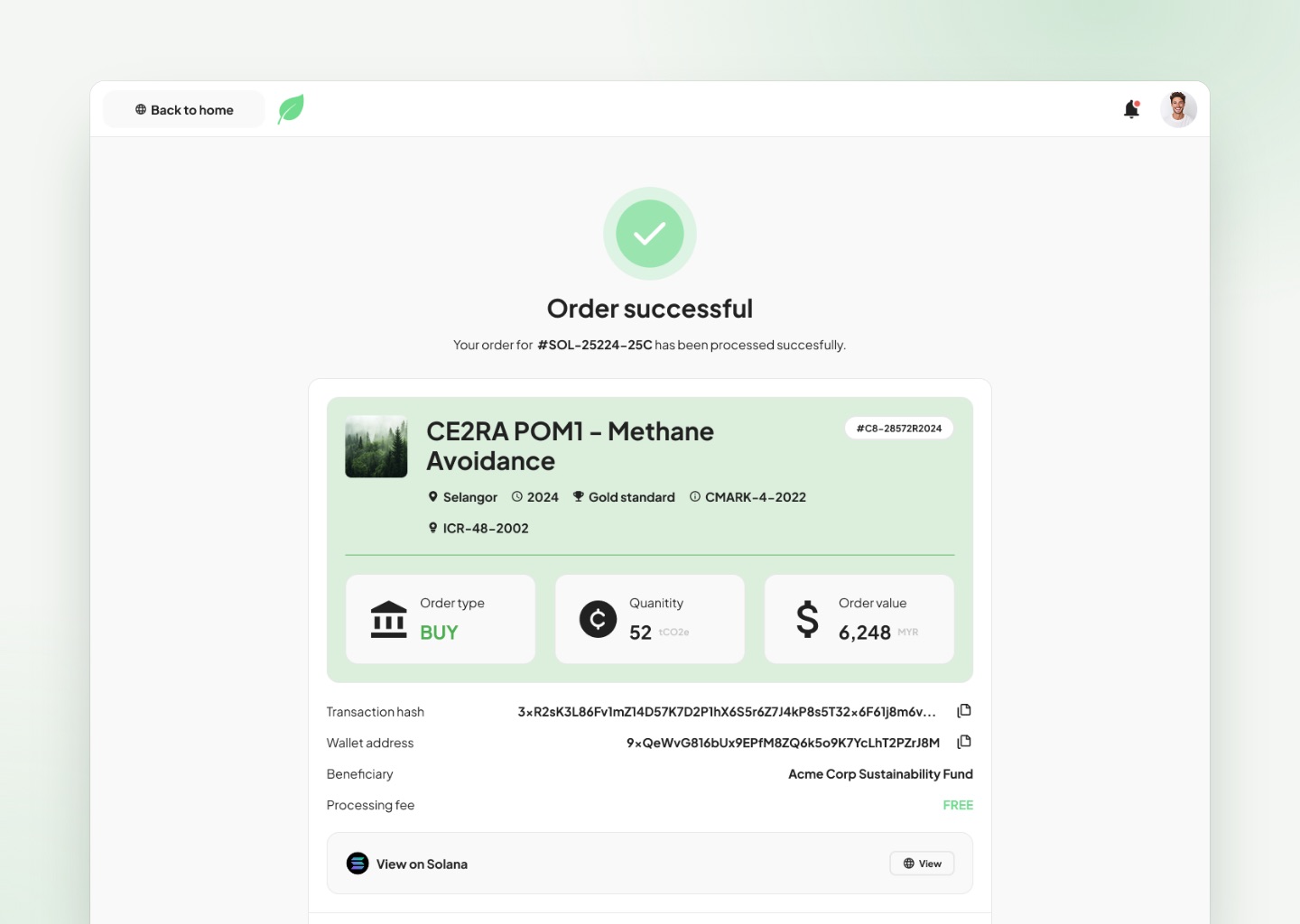 Order successful, with a summary of the purchase