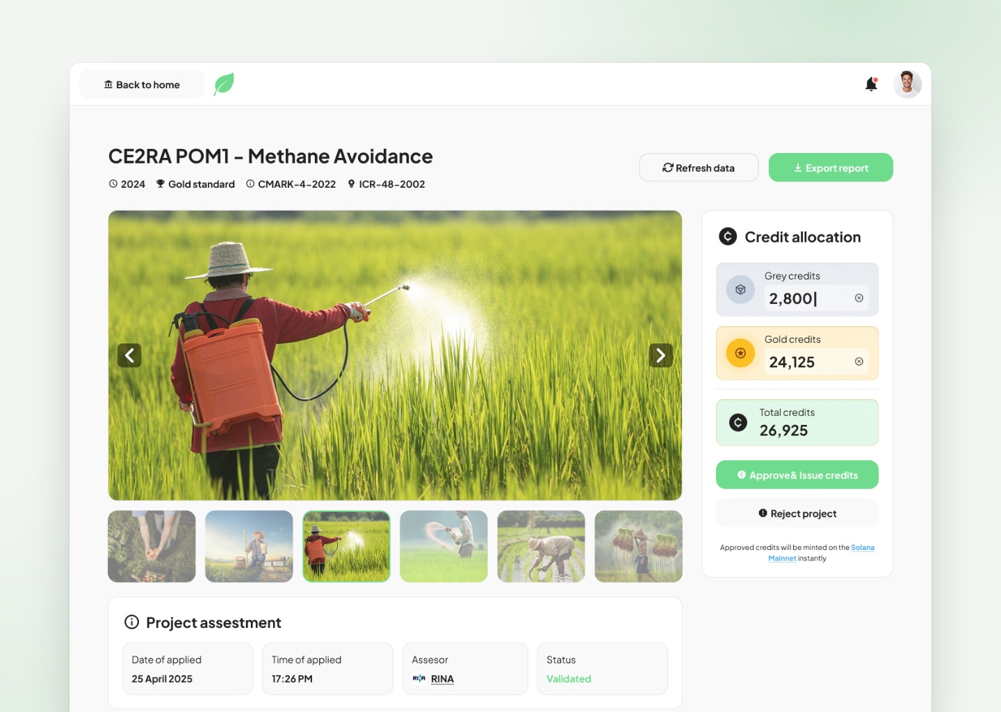 Review page: project data and credit allocation