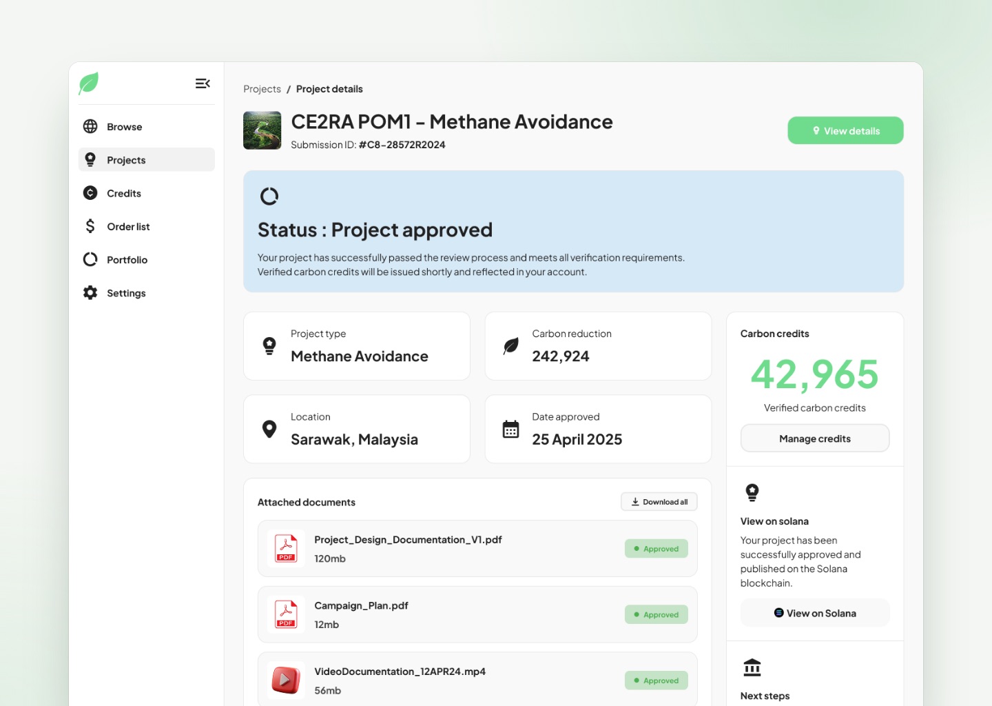Status: project approved, with the credits issued