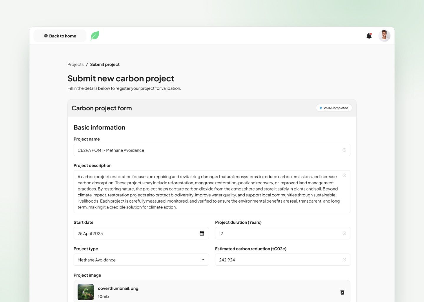 The carbon project form, split into sections with a progress tag