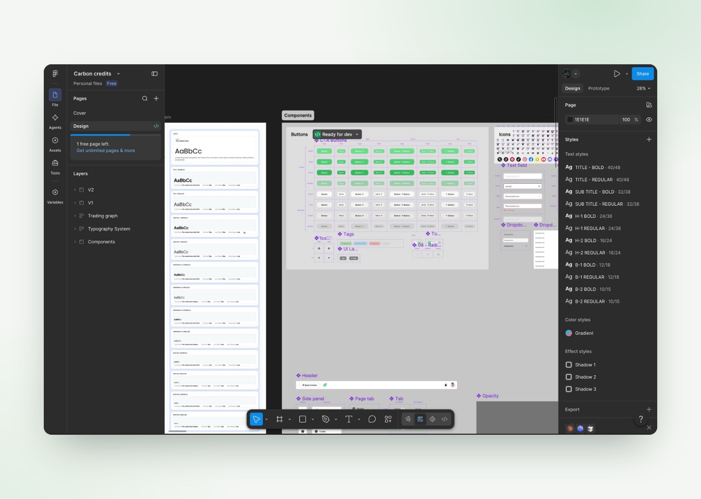 The Carbon Credits Figma file: type scale, components and styles