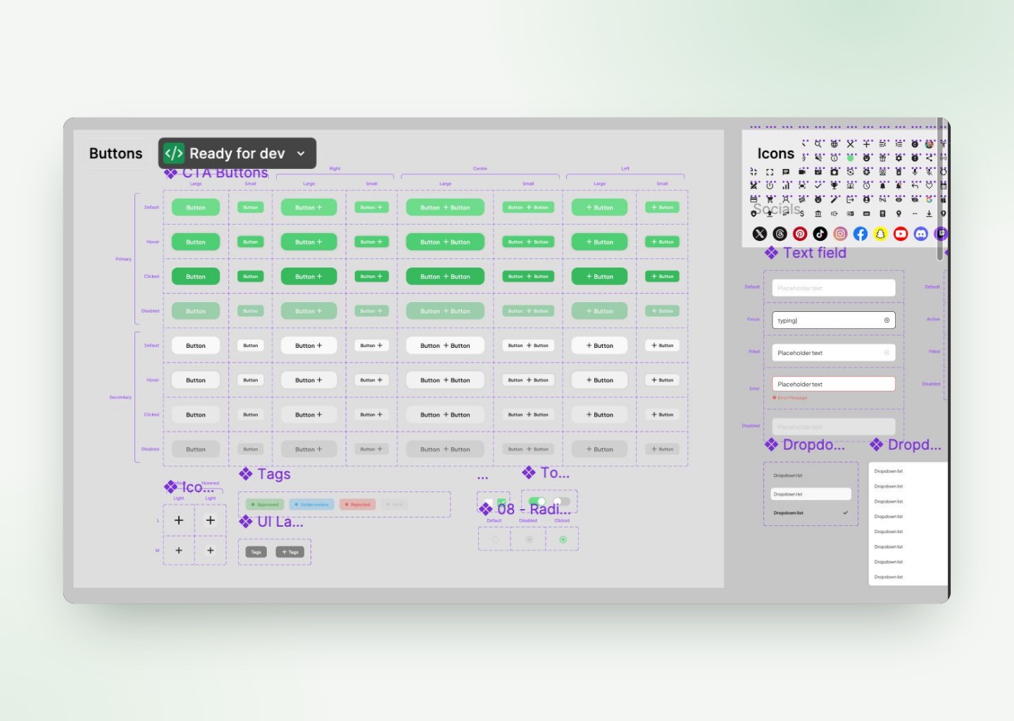 Buttons, text fields, status tags and dropdowns with all their states