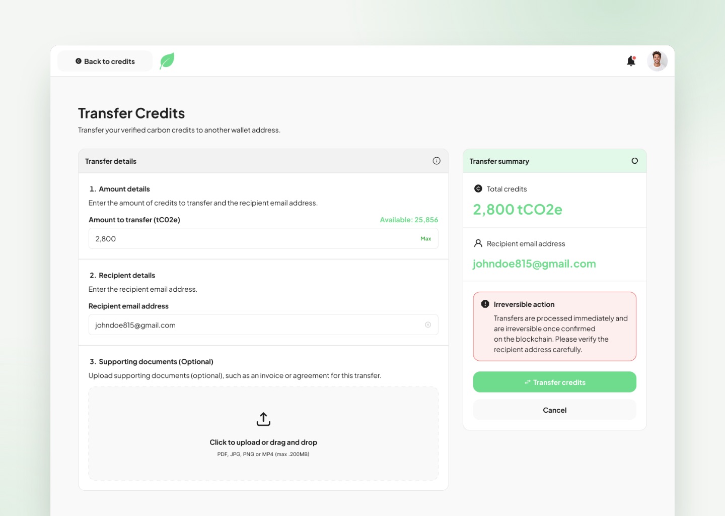 Transfer credits: amount, recipient and supporting documents