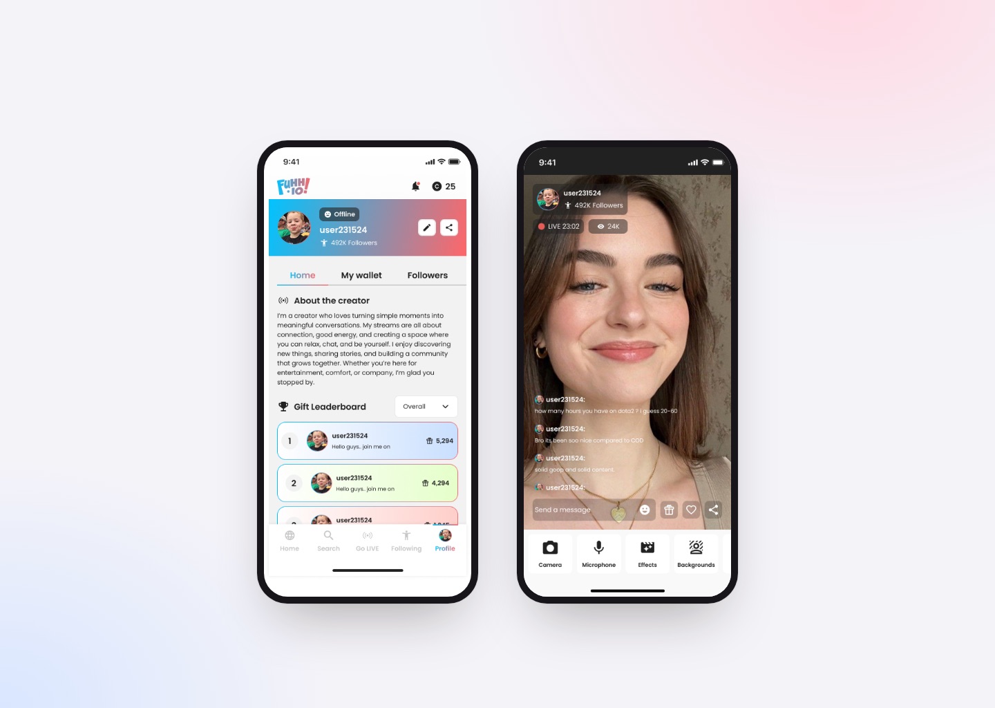 Profile and live stream on mobile