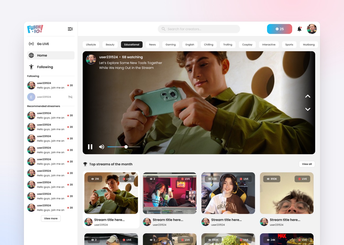 Home page with live streams