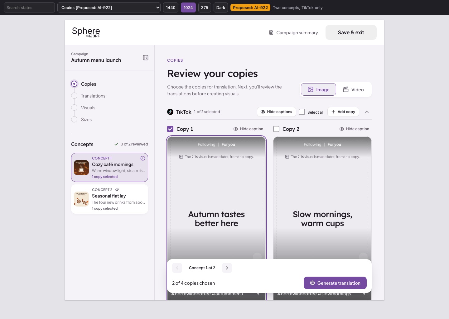 A Sphere design file: one screen with a toolbar to switch state, width and dark mode