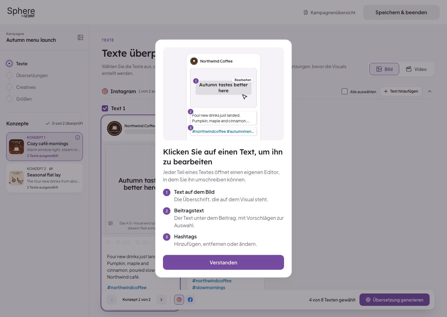 Sphere review screens in German, testing long text