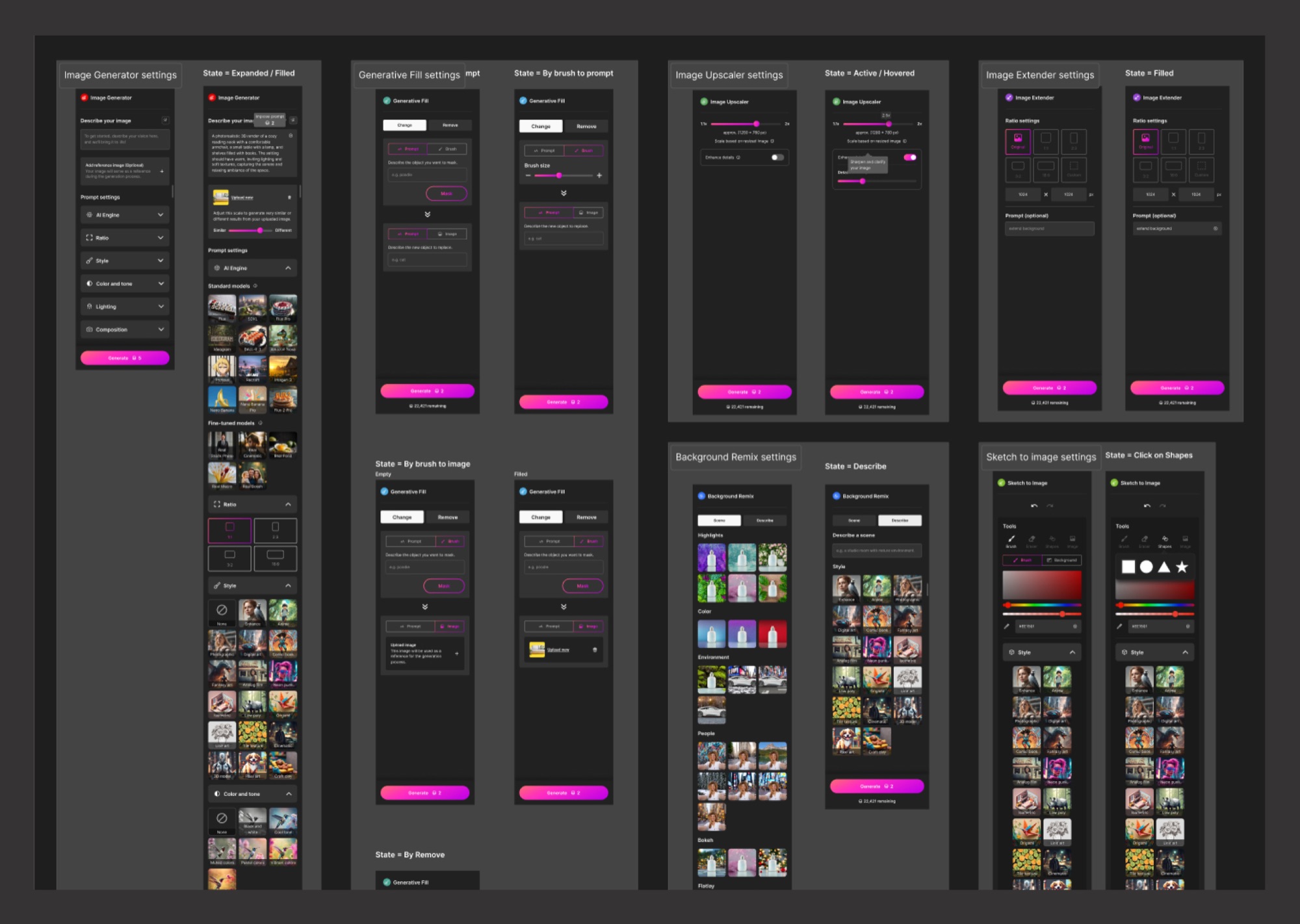 Blieve.ai tools panel states and settings