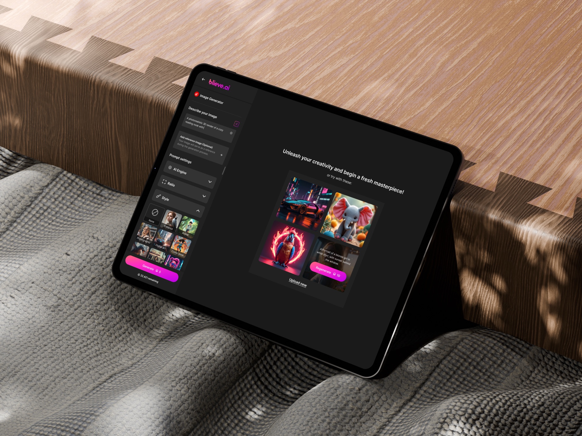 Blieve.ai tablet — image generator on couch