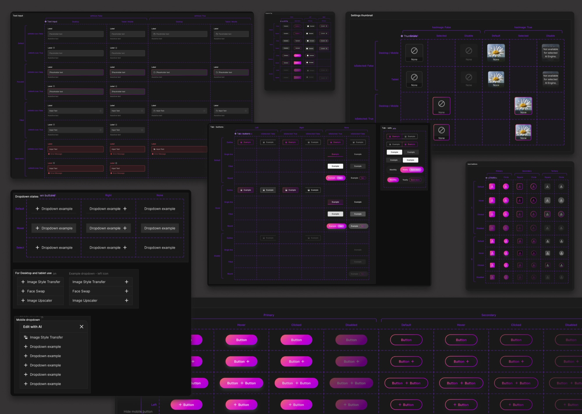 Blieve.ai design system overview — inputs, tabs, dropdowns, buttons, icon buttons, settings thumbnails