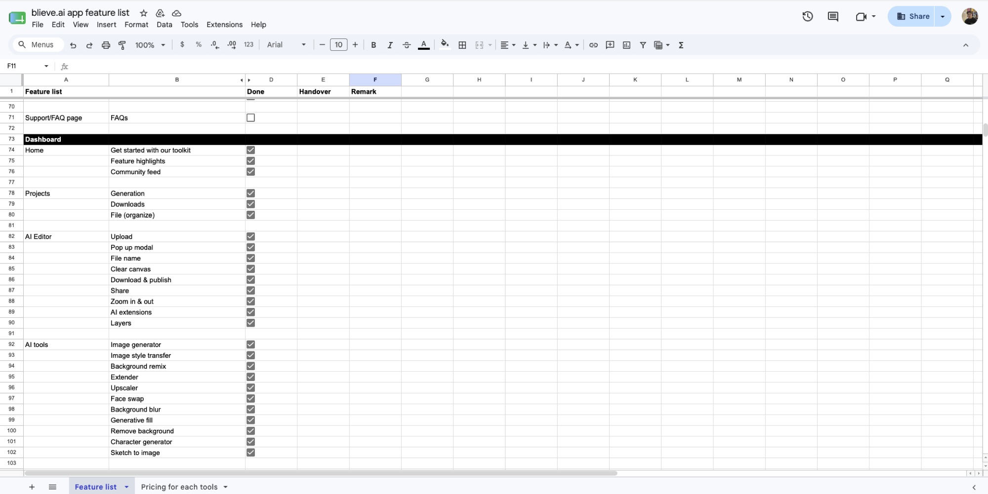 Blieve.ai feature list research spreadsheet