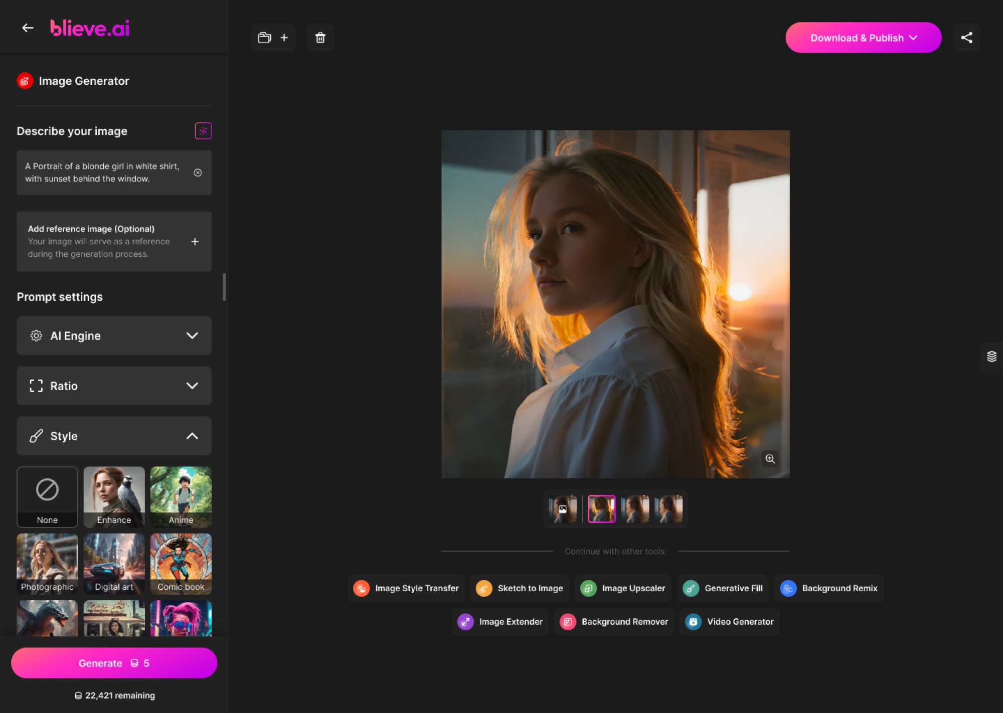 Blieve.ai Image Generator interface